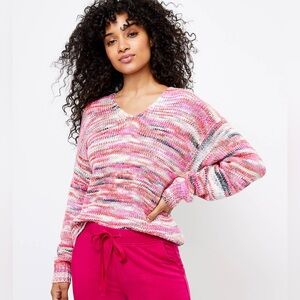 Lou & Grey For Loft Pink Multicolor Spacedye V-Neck Wool Blend Sweater Large